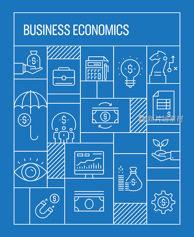 Business Economics Concept. Geometric Retro Style Banner and Poster Concept with Business Economics Line Icons